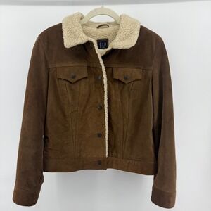 Vtg Y2K GAP Women Brown Suede Sherpa Lined Trucker Ranch‎ Barn Jacket Size M